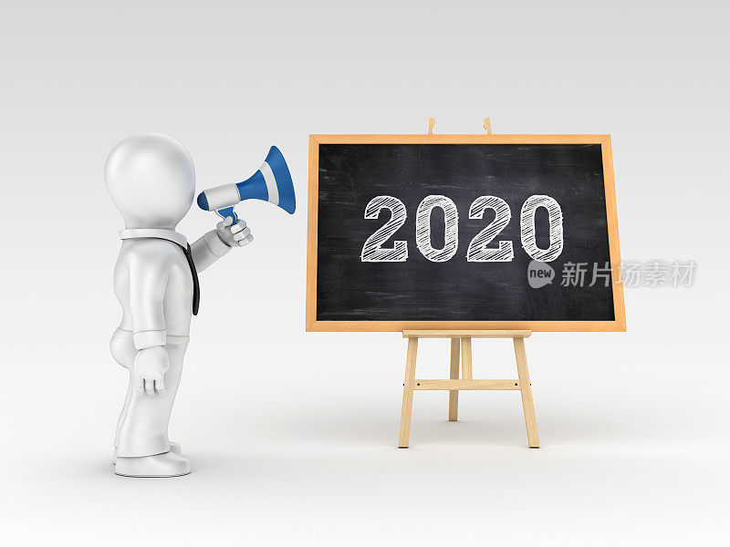 商业人物与扩音器和画架与2020年- 3D渲染